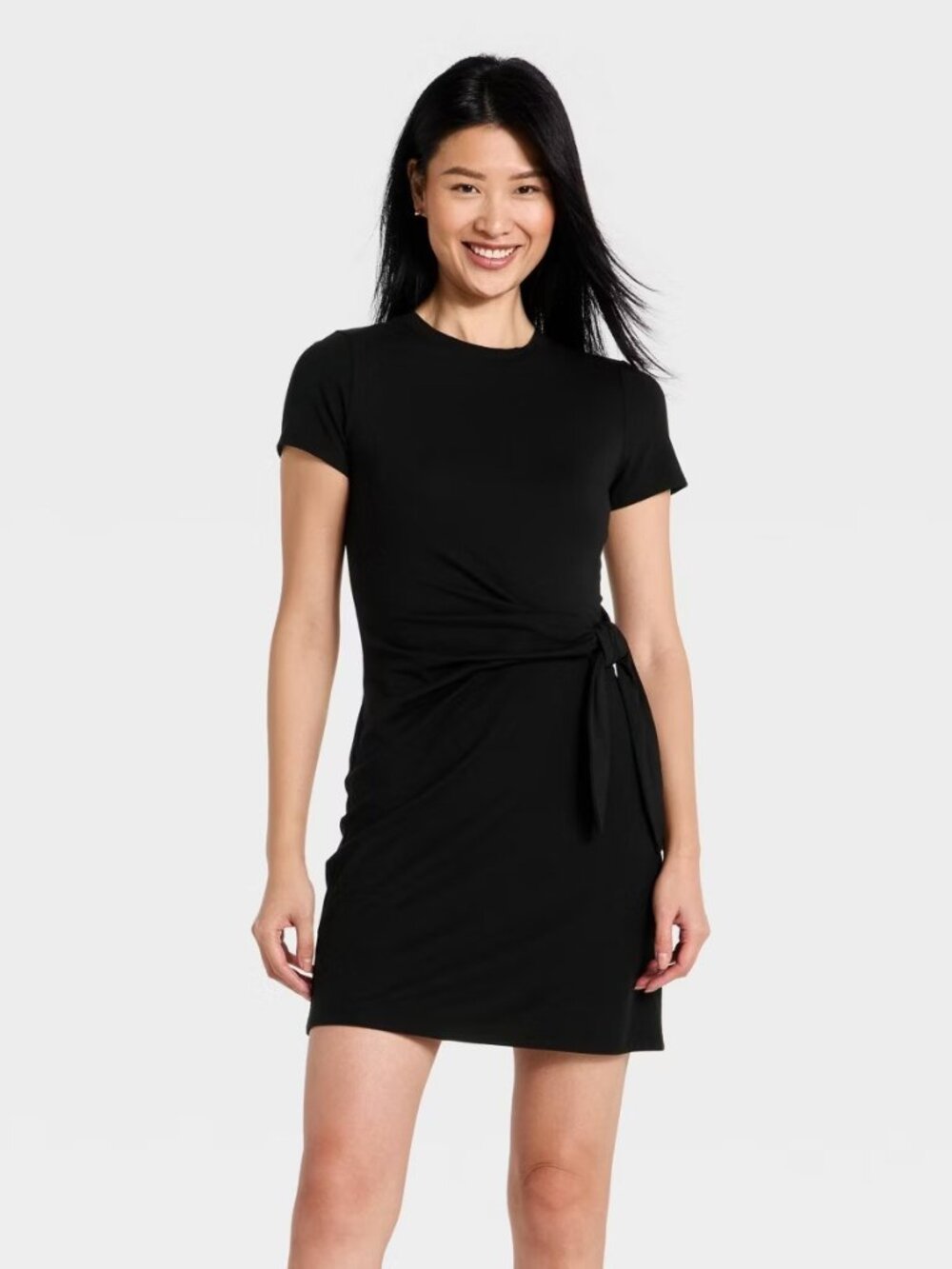 Tie-Front Knit Mini Dress Black Short Sleeve A New Day Trending XS S M L XL XXL